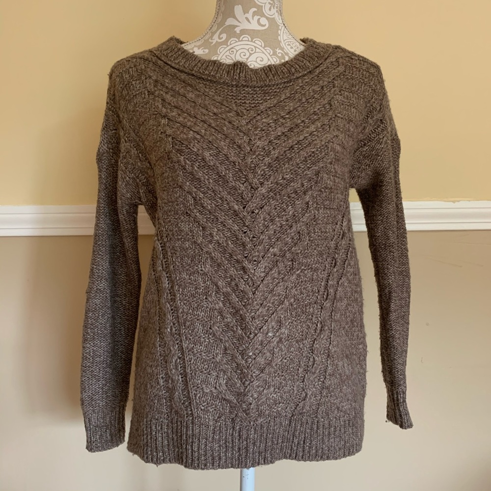 American Eagle Cable Knit Variegated Brown Wool Crew Neck Sweater